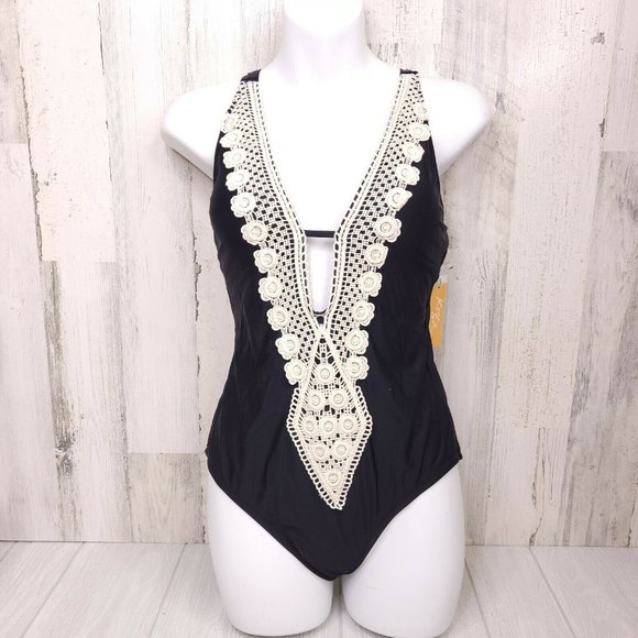 Kona Sol Crochet Trim Plunge One Piece Swimsuit M - Picture 2 of 5